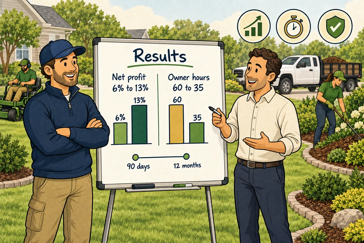 Cartoon illustration of a landscaping owner and coach reviewing before-and-after profit results on a whiteboard