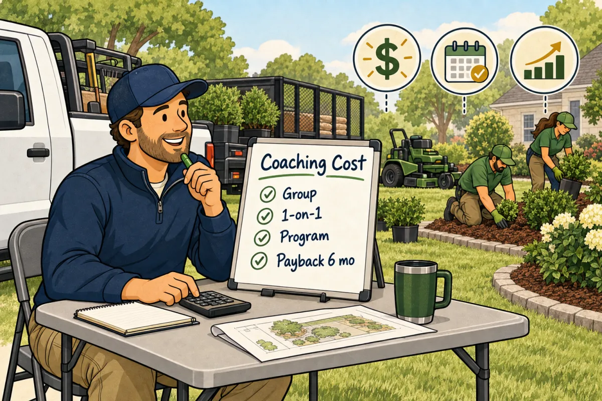 Cartoon illustration of a landscaping owner comparing coaching cost options on a whiteboard at a job-site table