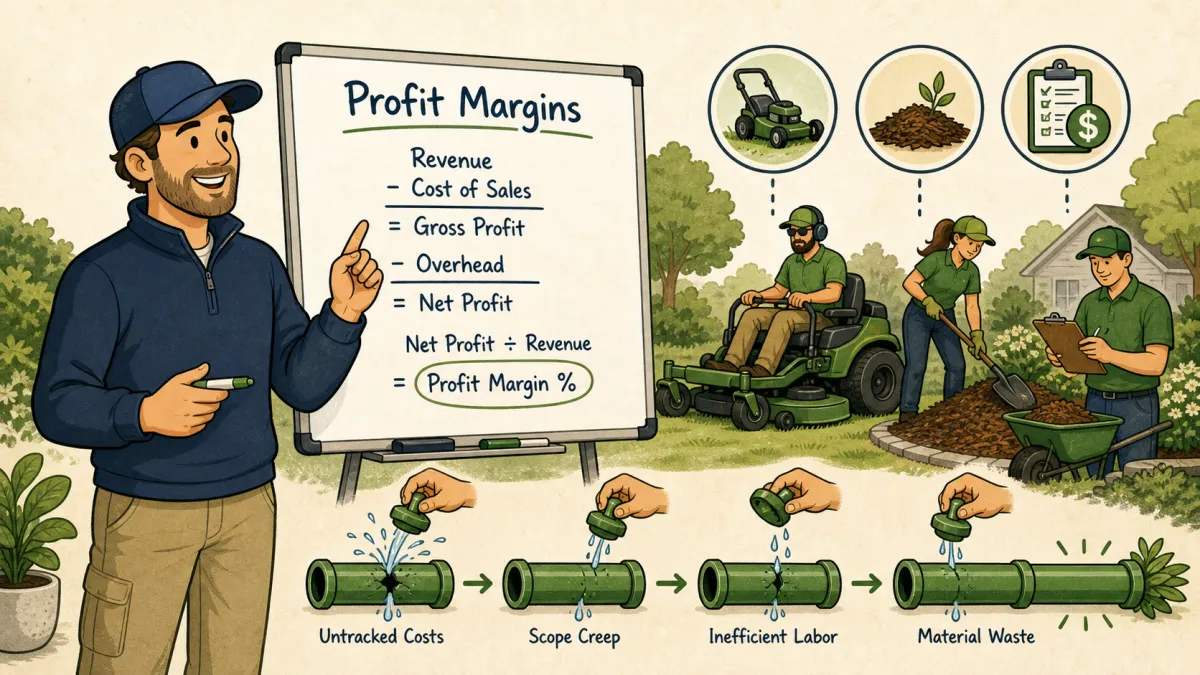 Cartoon illustration of a landscaping owner improving profit margins by tracking costs, labor, and material waste