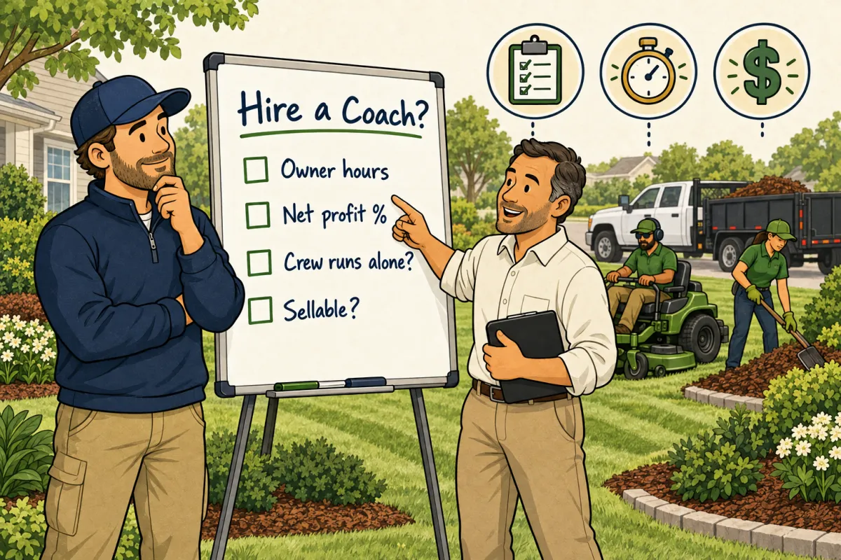 Cartoon illustration of a landscaping owner and a coach reviewing a hire-a-coach checklist on a job-site whiteboard