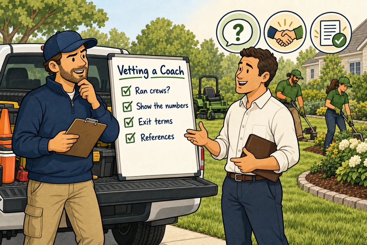 Cartoon illustration of a landscaping owner interviewing a business coach at a truck tailgate with a vetting checklist
