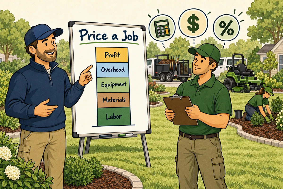 Cartoon illustration of a landscaping owner explaining a job price stack of labor, materials, overhead, and profit