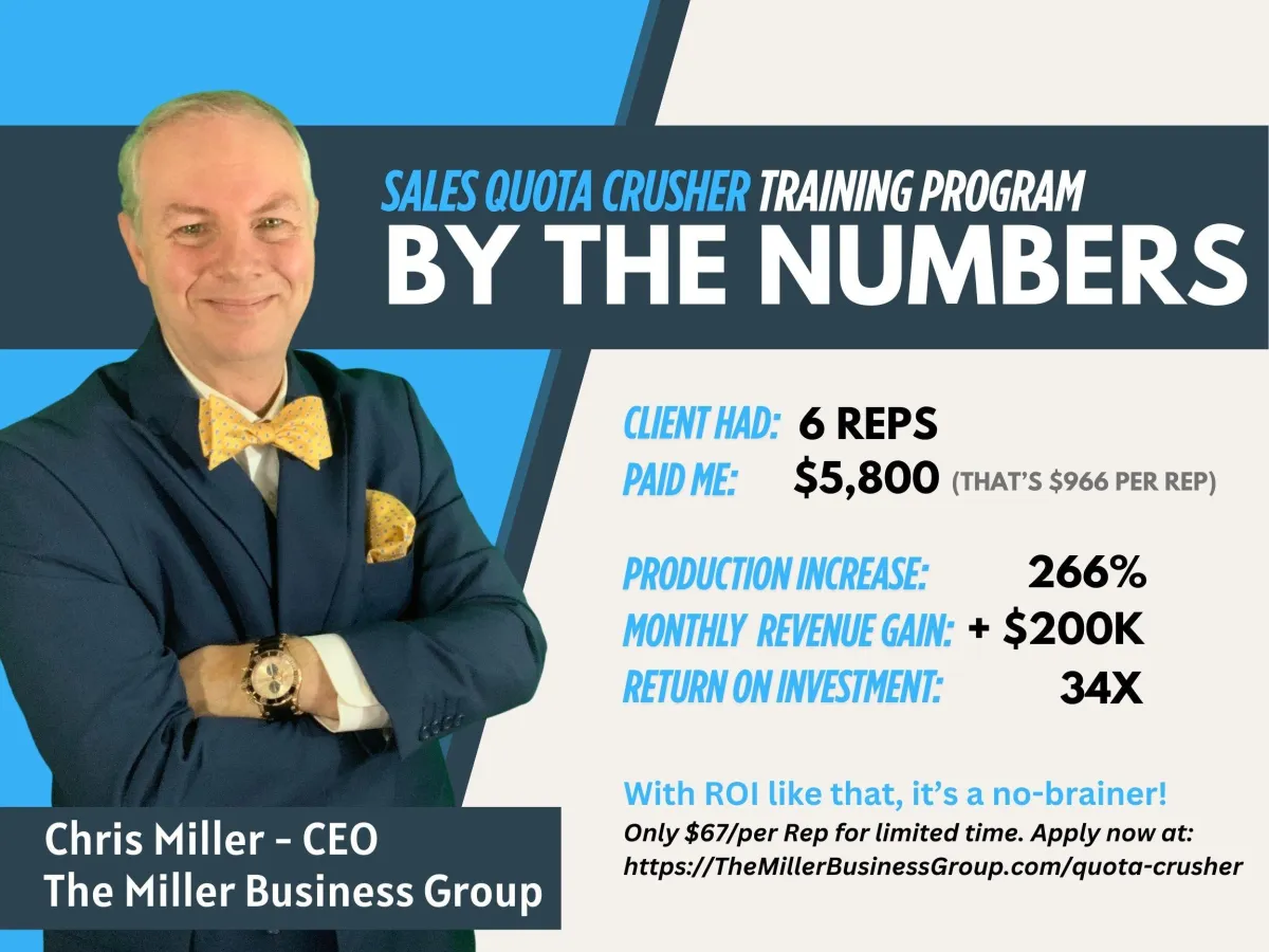 Sales Qota Crsher Trining Progrn By the Numbers: Cient had 6 reps, paid me $5,800, realiized production increase of 266% equal to an additional $200K er month and a 34 time return on investment. Wth ROI like that it's a no brainer. Apply now at The Miller Business Group .com slash quota dash crusher