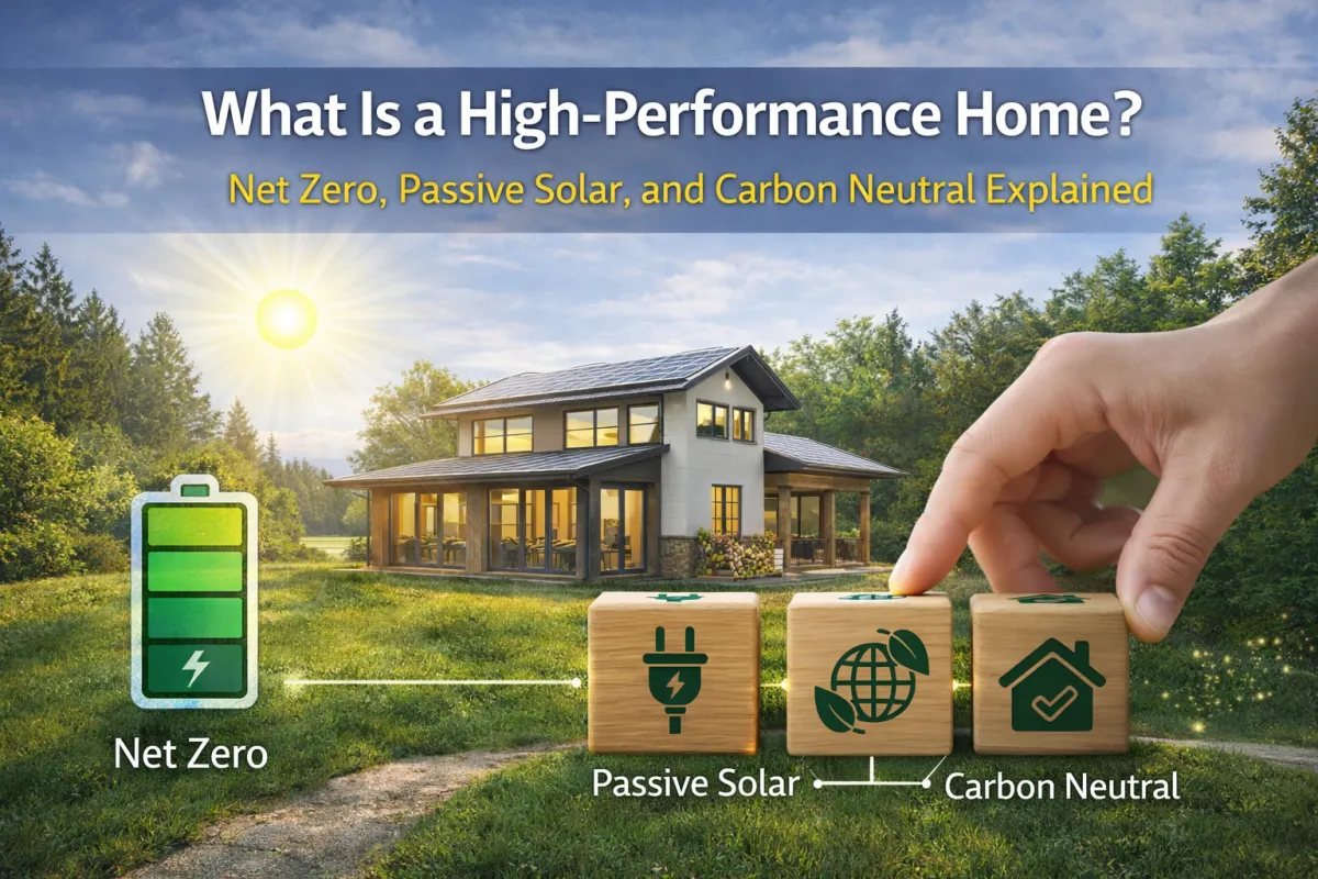 High-performance home showing net zero energy, passive solar design, and carbon neutral building concepts