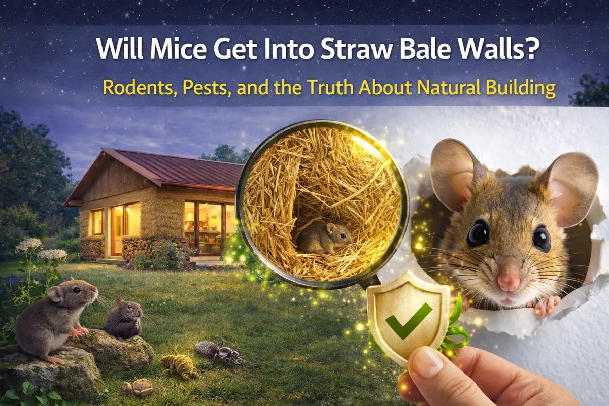 Mice and straw bale wall illustration showing rodent concerns and how proper construction prevents pests in natural homes