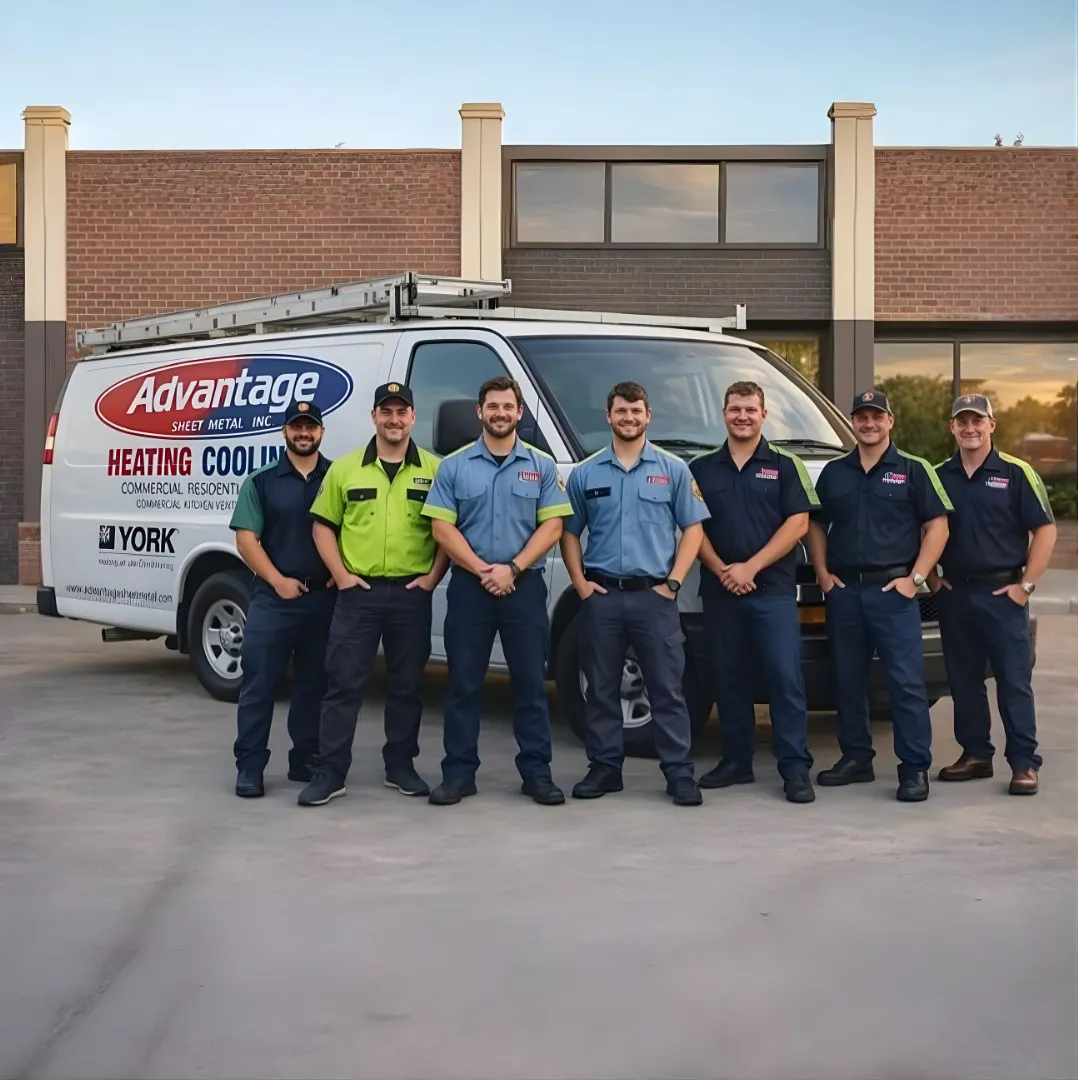 HVAC service team standing in front of branded company van.