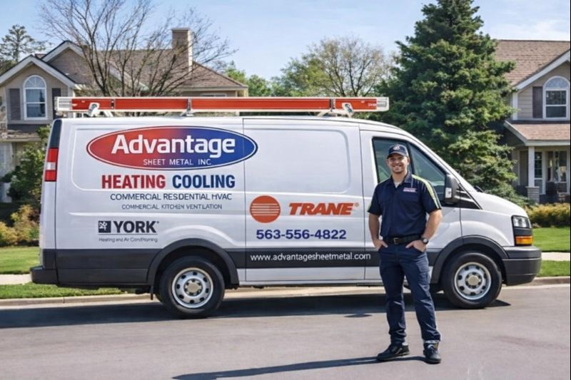 HVAC technician posing beside branded service van in a residential area.