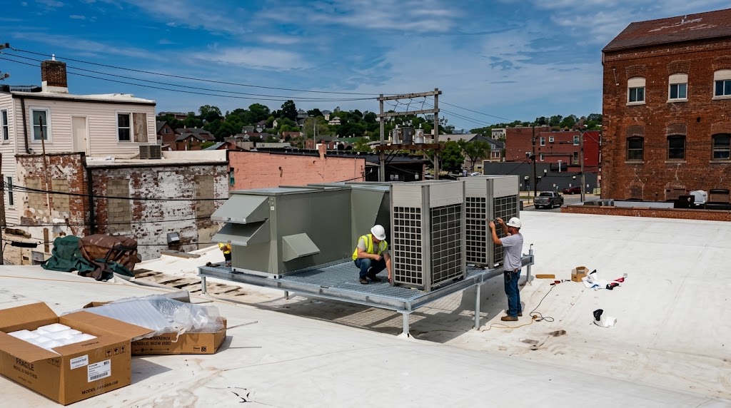 Rooftop HVAC units installed and serviced on a commercial building.