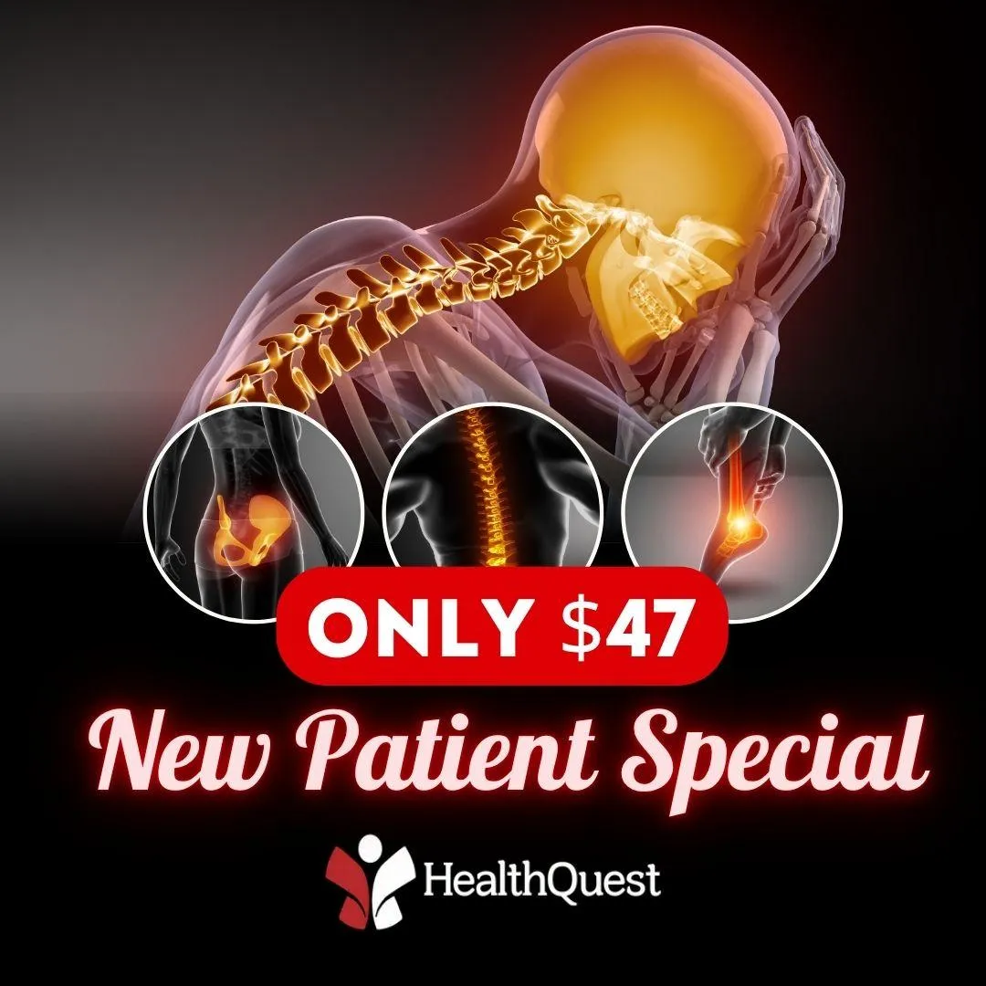 HealthQuest new patient chiropractic special featuring a spine illustration and $47 introductory offer