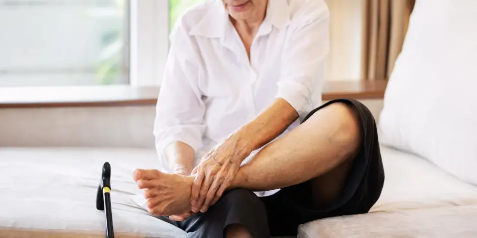 Person checking feet for cuts, blisters, redness, and other signs of injury