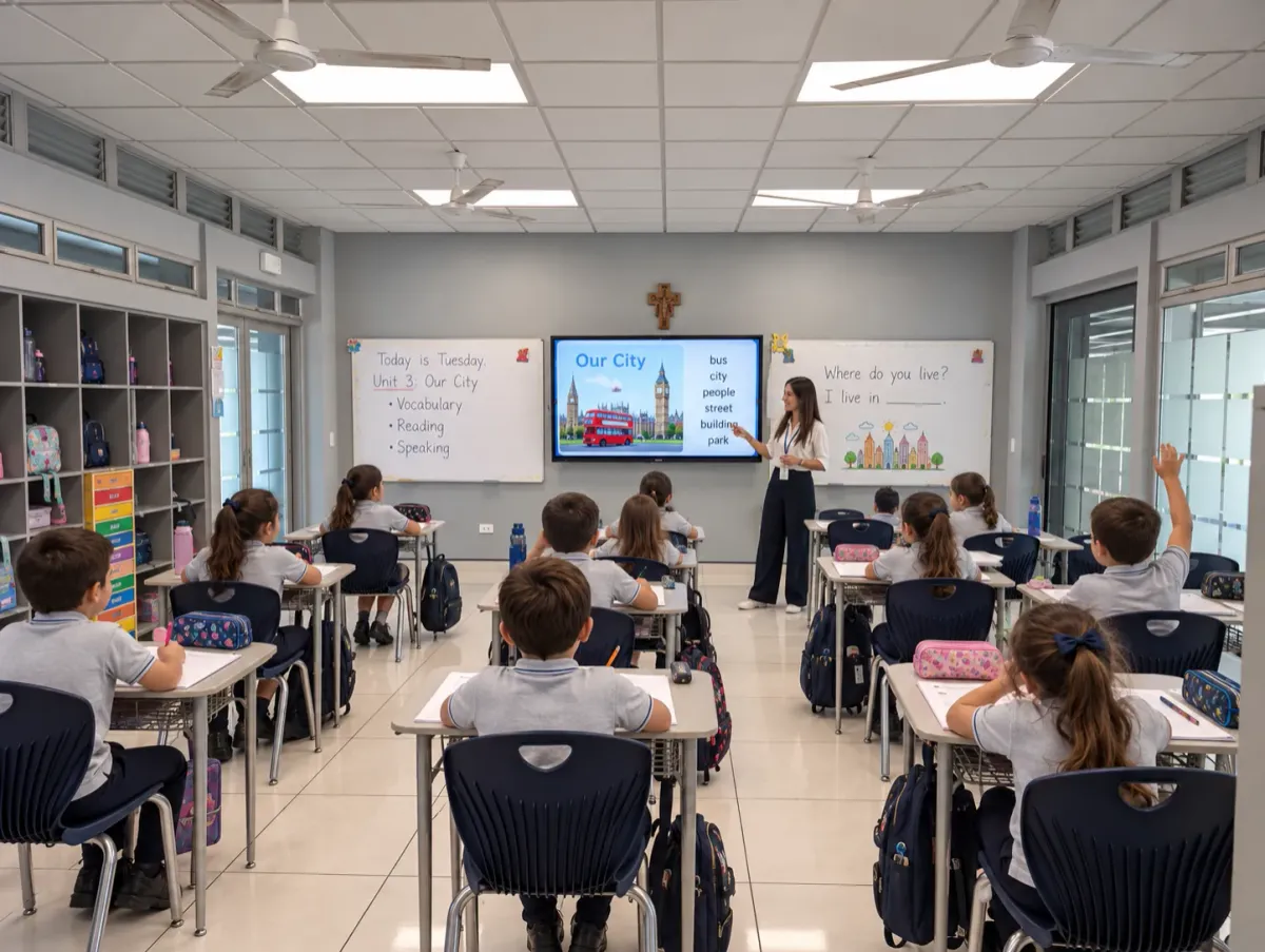 Estudiantes de Primaria en una clase de inglés con su docente