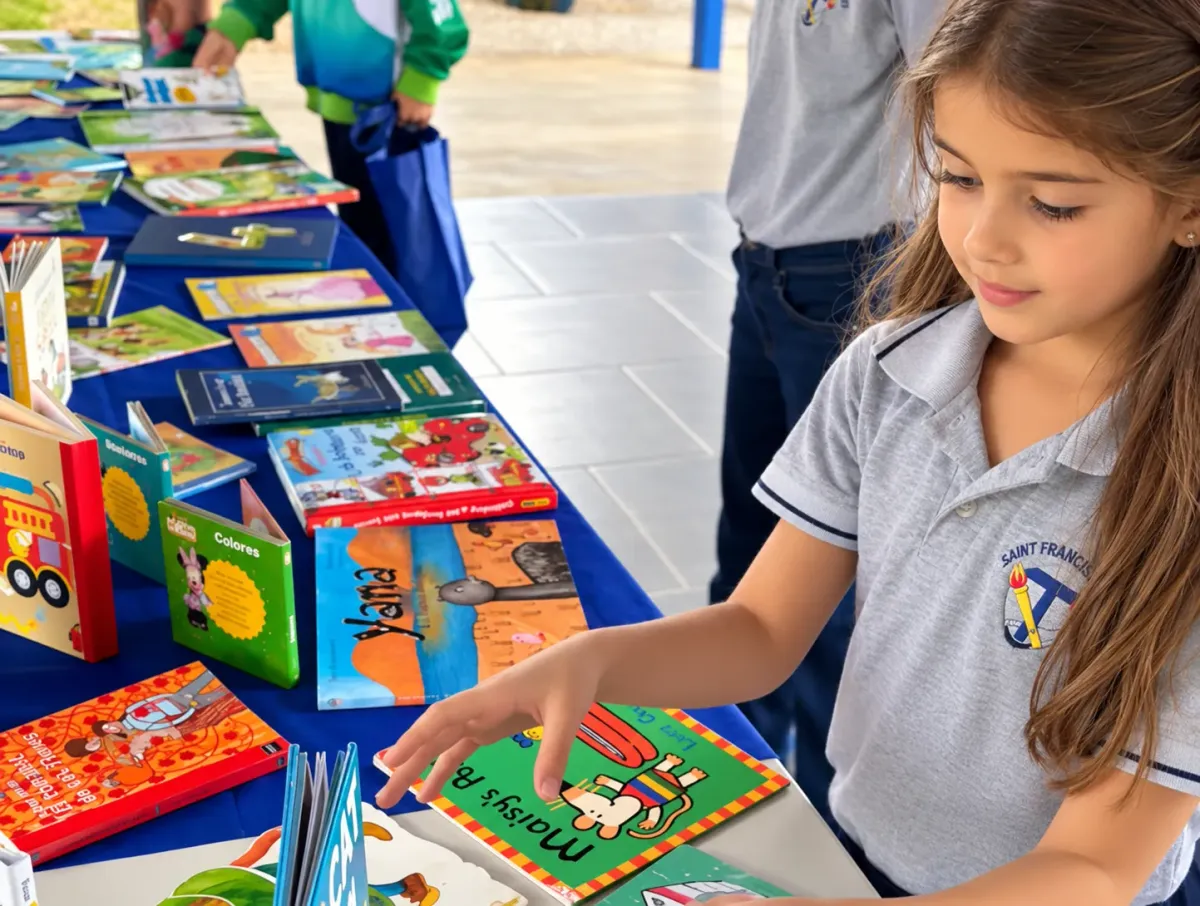 Estudiante de Primaria explora libros infantiles en la feria escolar de libros
