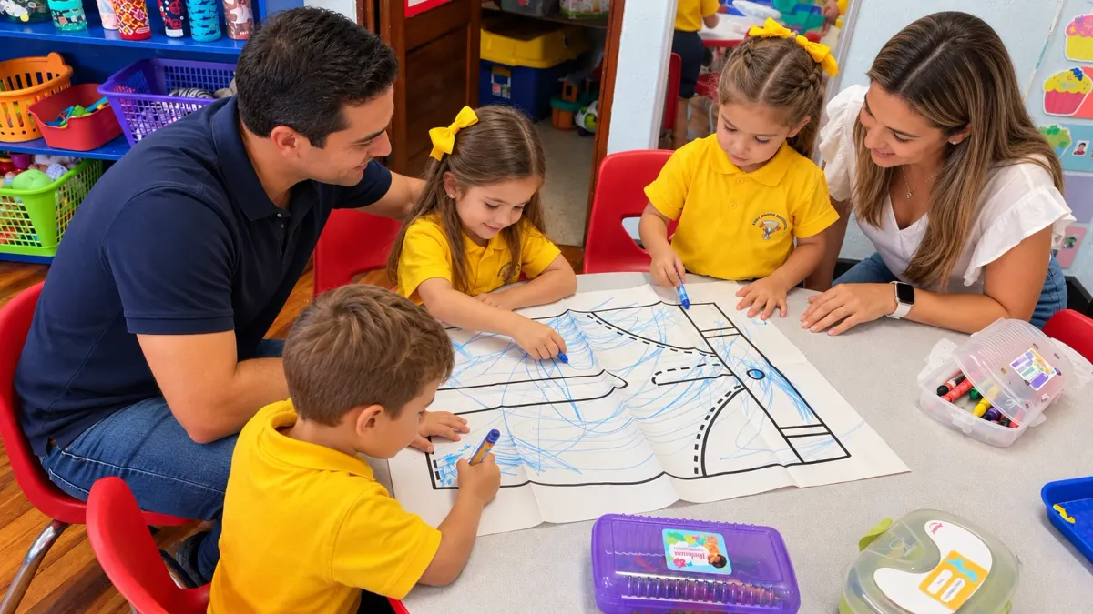 Familia dibujando junto a sus hijos en el aula de Preescolar