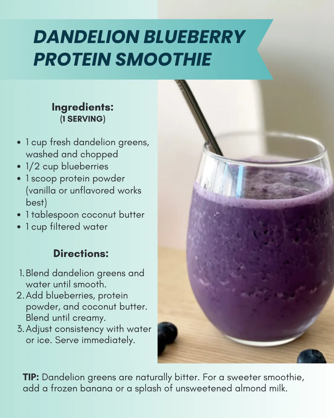 A glass of purple dandelion blueberry protein smoothie on a table.
