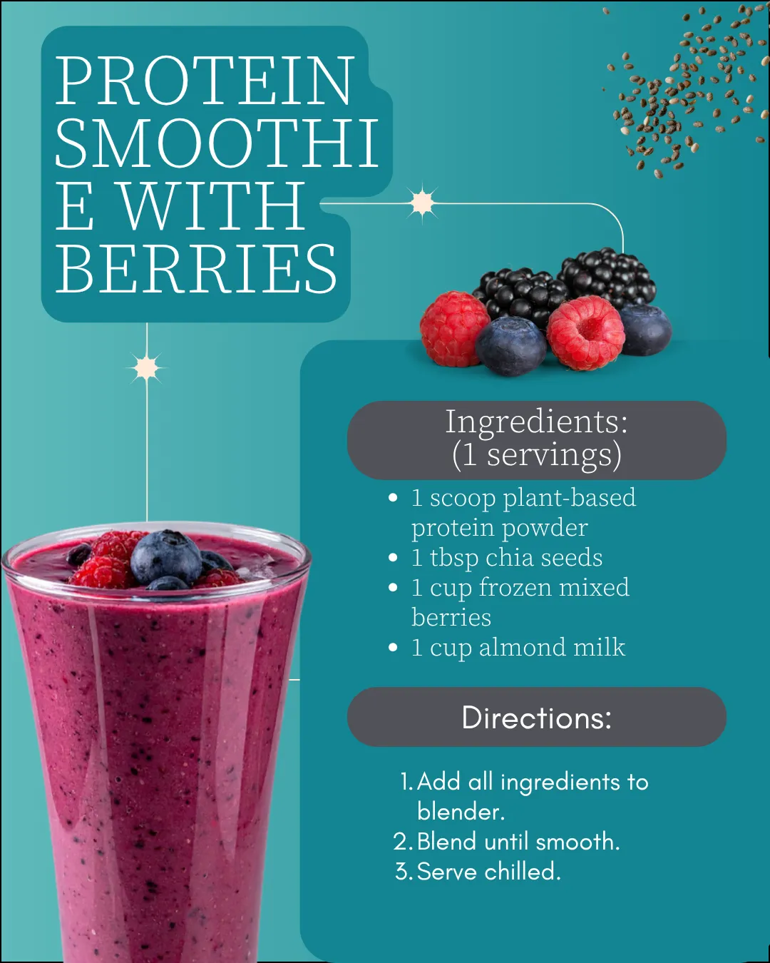 Colorful berry protein smoothie with ingredients listed.