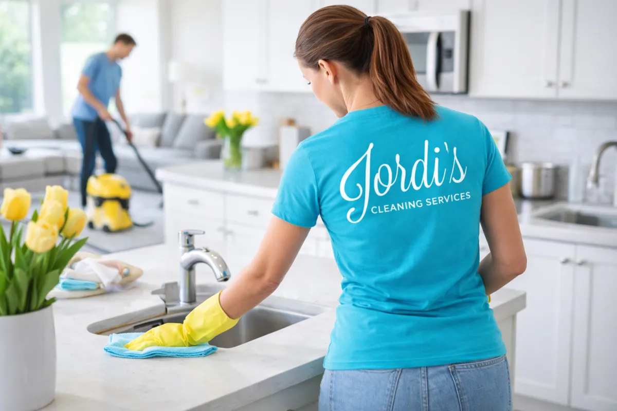 Woman wearing yellow gloves tending to potted plants.