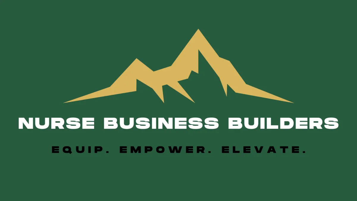 A picture of a computer with Gold Mountain on white Background with words Nurse Business Builders below in black letters with green letters below that stating Equip, Empower and Elevate