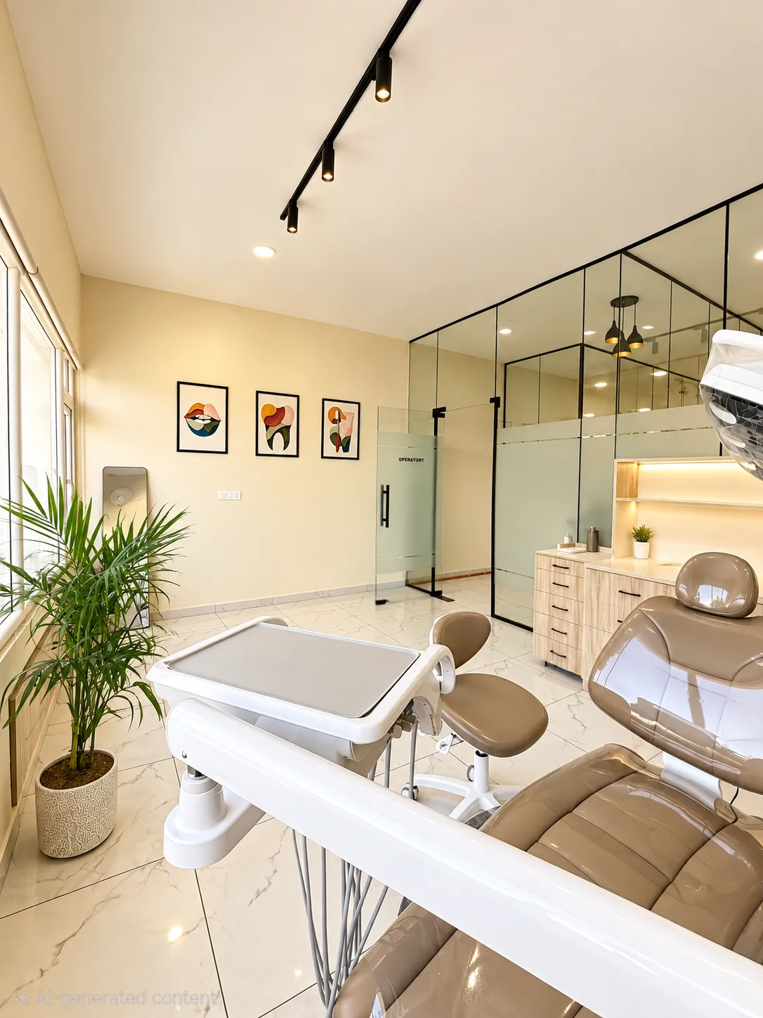 Dental treatment room with a white patient chair and equipment.