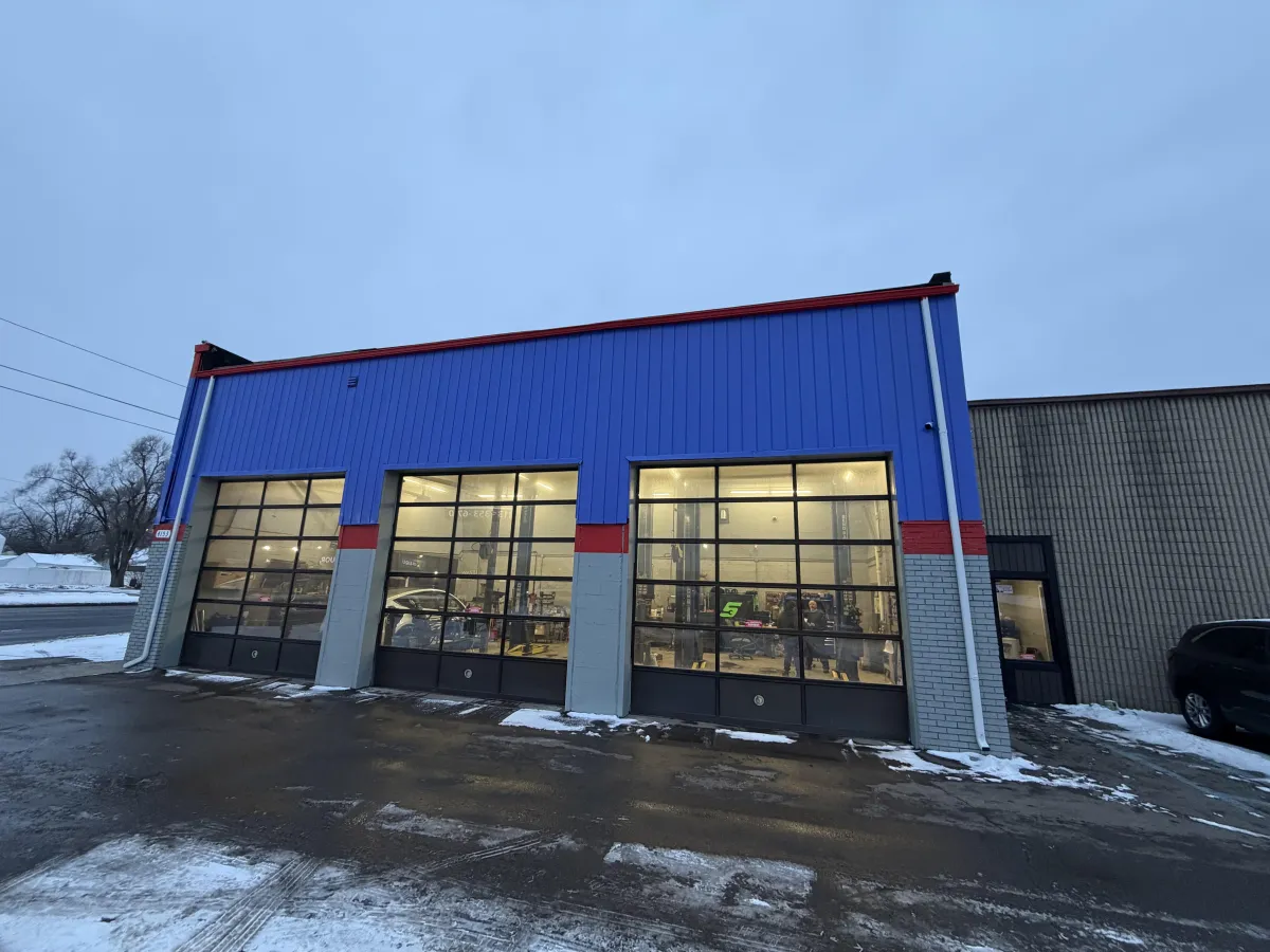 Clean, bright auto mechanic shop exterior