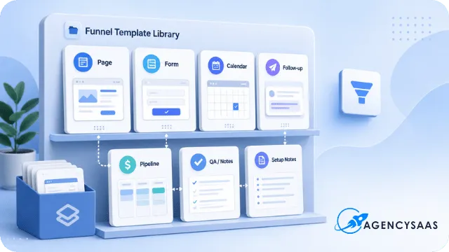 Modular HighLevel funnel template library with reusable funnel cards for SaaS agencies