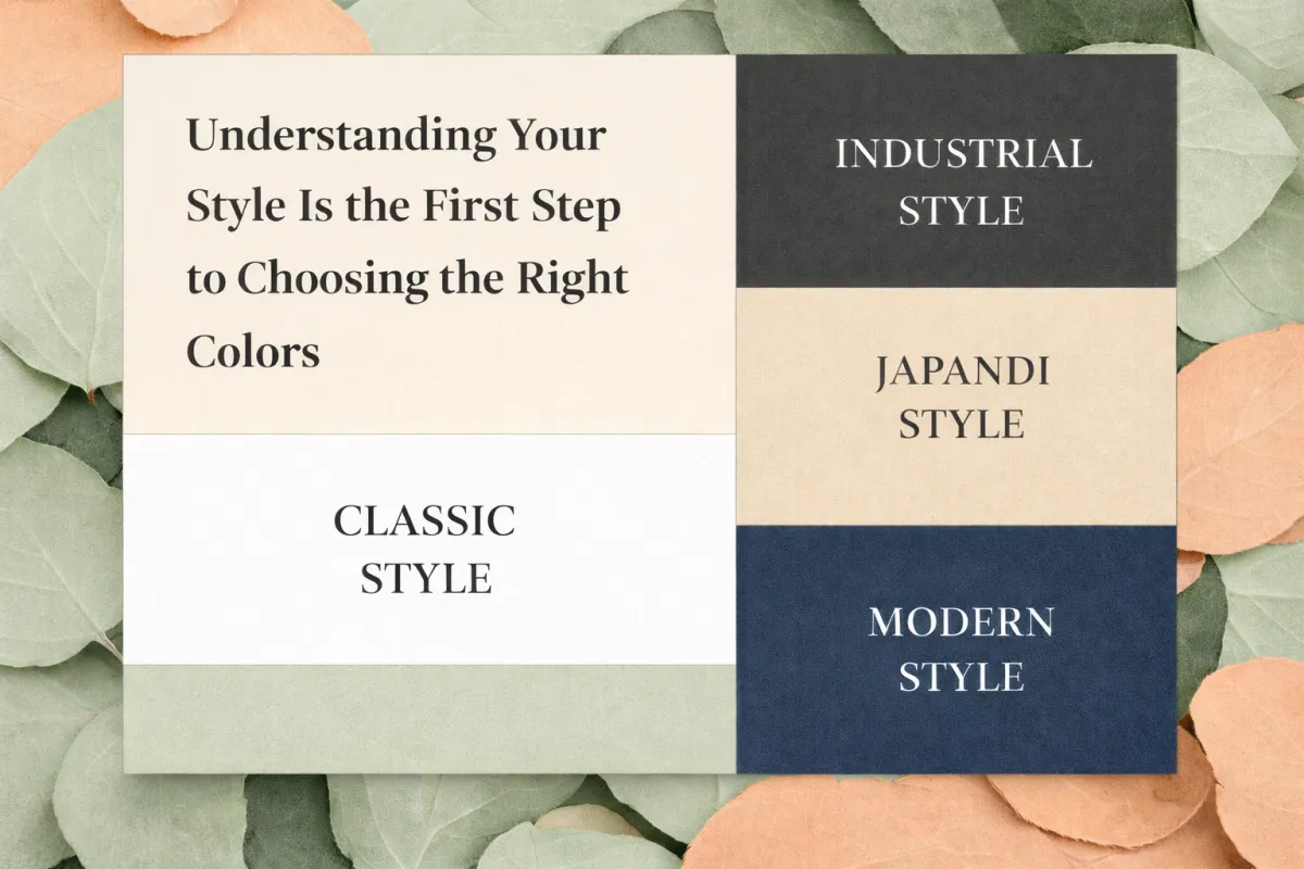 Modern editorial blog cover featuring overlapping style panels labeled Industrial, Japandi, Modern, and Classic over a soft botanical background, representing how to choose the right interior paint colors based on home design style.