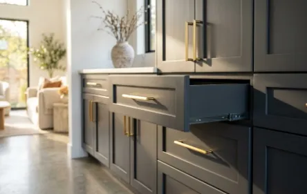 Close-up of modern freshly painted cabinets in smooth charcoal gray with brushed gold hardware, showcasing professional factory-grade cabinet painting.