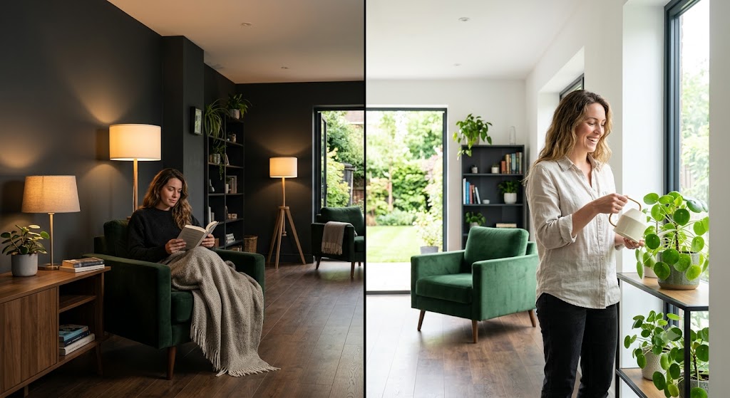 A modern, bright living room showcasing the impact of Light Reflectance Value, with flawlessly painted walls reflecting natural sunlight.