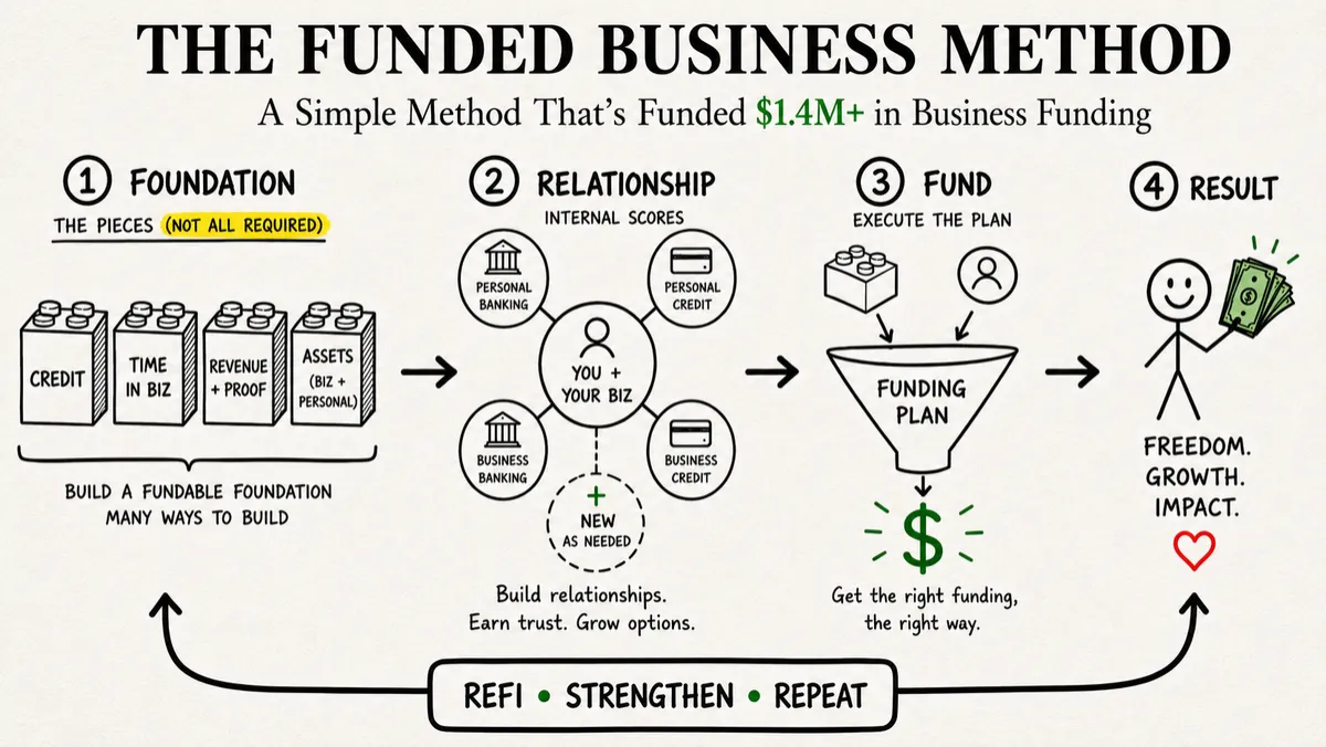 The Funded Business Method: credit, time in business, revenue and proof, and business and personal assets. Not all foundation blocks are required.
