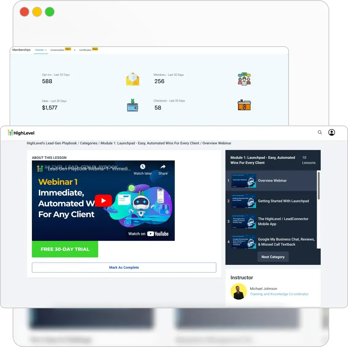 CRM course module dashboard featuring Growth Partners Marketing training webinars and client tools