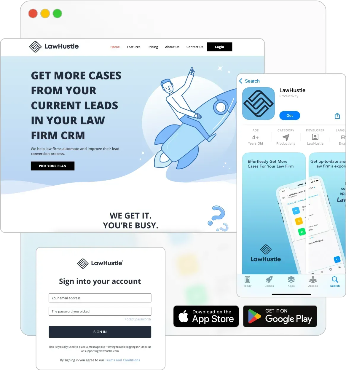 LawHustle landing page showcasing CRM lead automation tools for law firms, available on iOS and Android