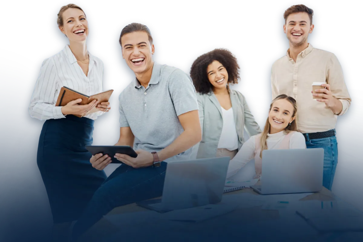 Happy marketing and sales team using laptops and CRM software for business growth