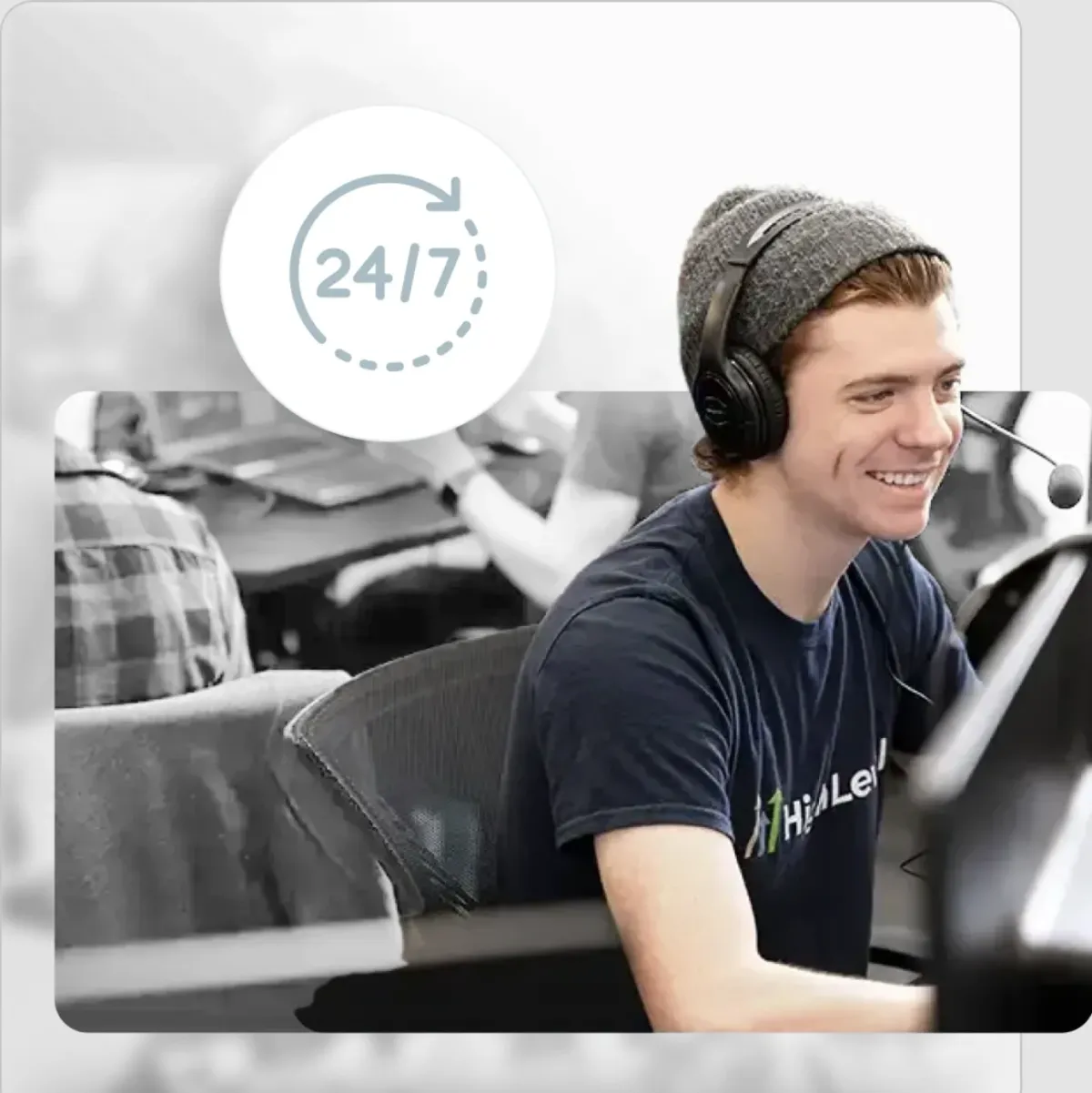 Friendly 24/7 CRM customer support team member wearing headset at Growth Partners Marketing