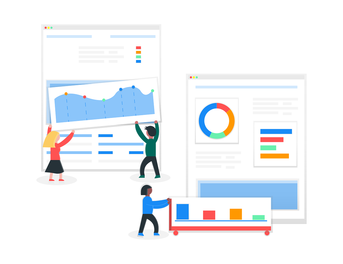 Animated business team building large charts and graphs 