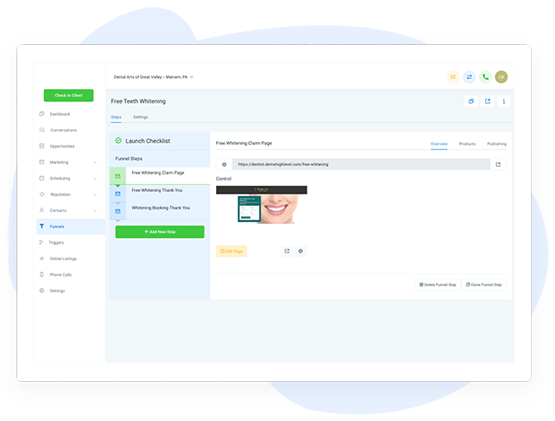 Dashboard interface showing Free Tech Whitening funnel with sidebar navigation and main content area displaying steps.