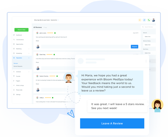 Review management software interface showing customer feedback requests and automated review collection system.