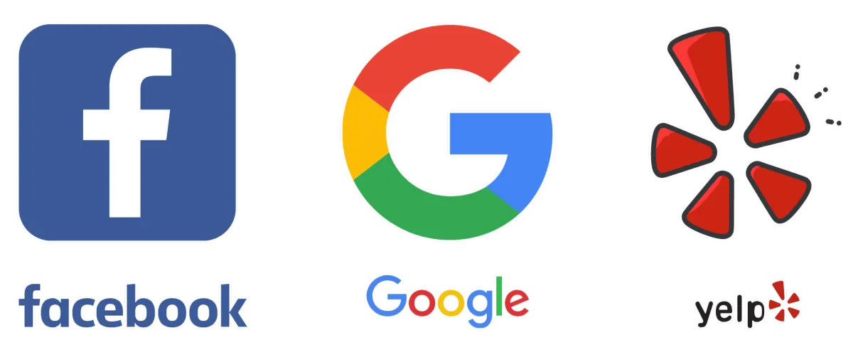 Logo of Facebook, Google and Yelp