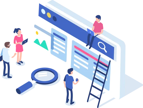 Illustration of digital marketing team optimizing website search and analytics for small businesses in British Columbia