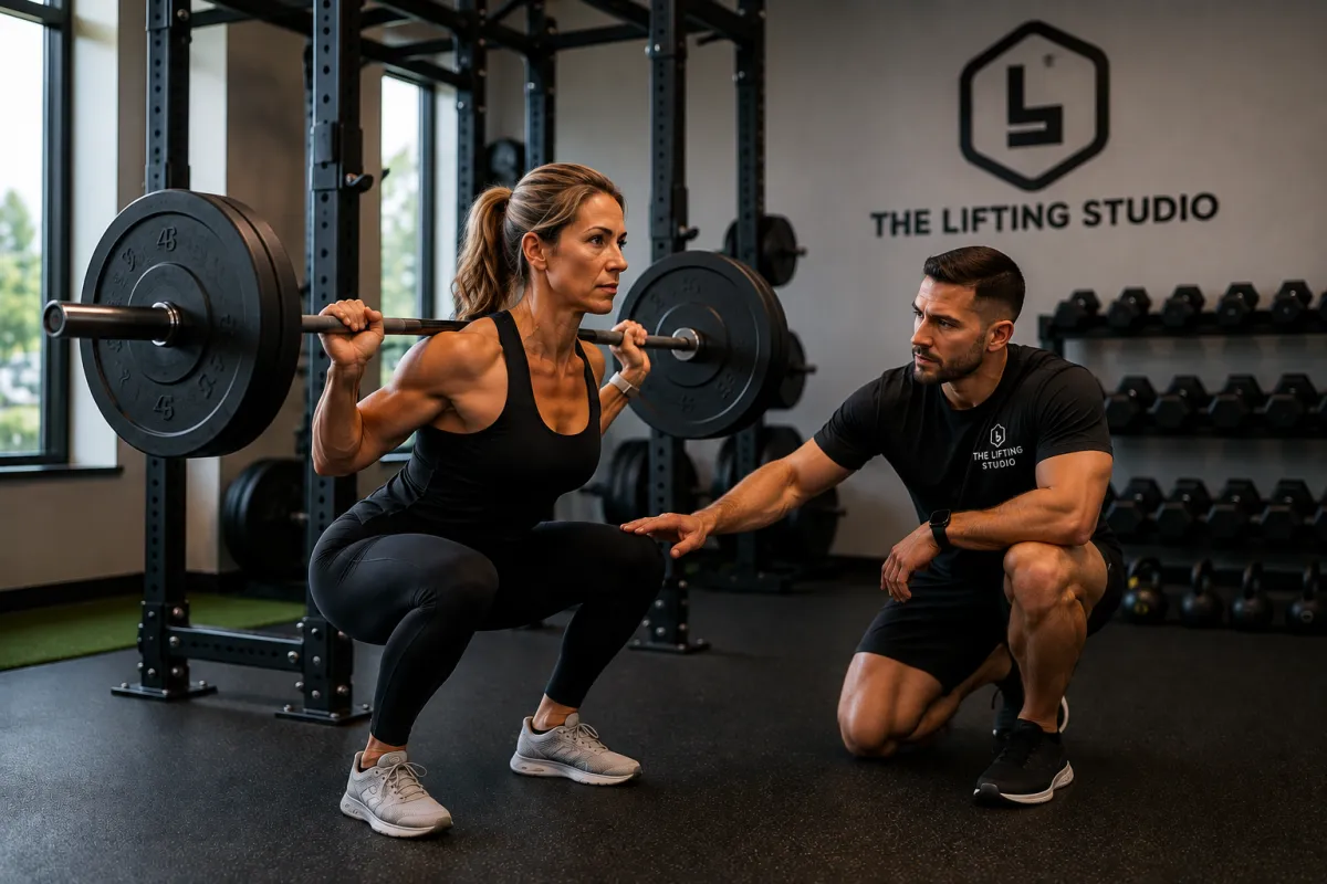 Woman over 40 performing a barbell squat with a personal trainer at The Lifting Studio in Parker CO