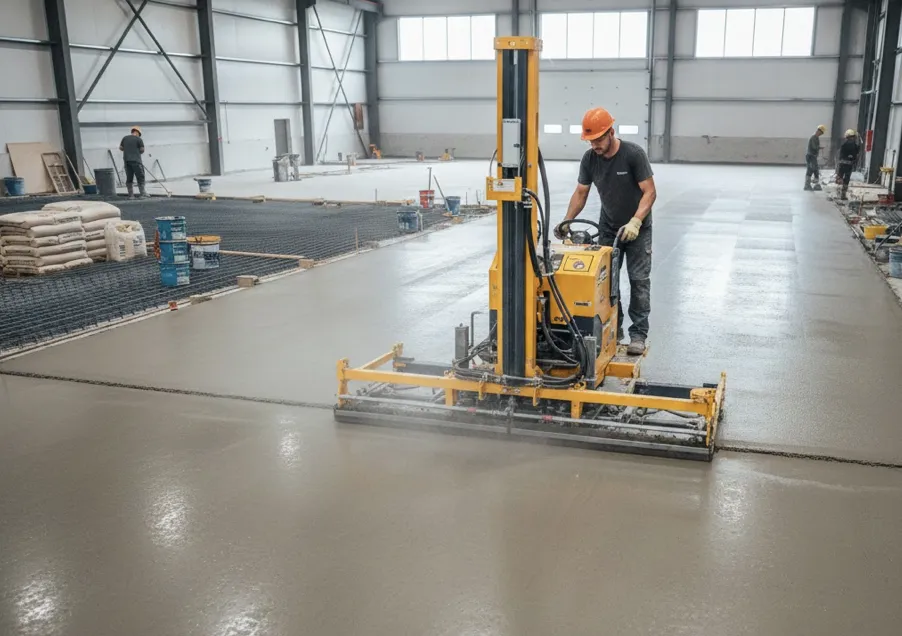 Laser screed machine leveling freshly poured concrete slab