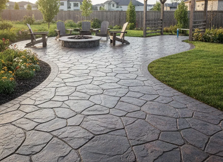 Decorative stamped concrete finish on outdoor walkway