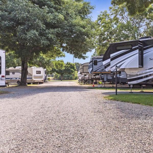 Aerial view of Possum Kingdom RV Resort showing RV sites along Possum Kingdom Lake