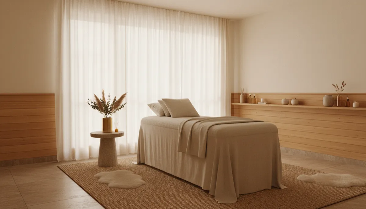 A calm treatment room with a made-up massage table
