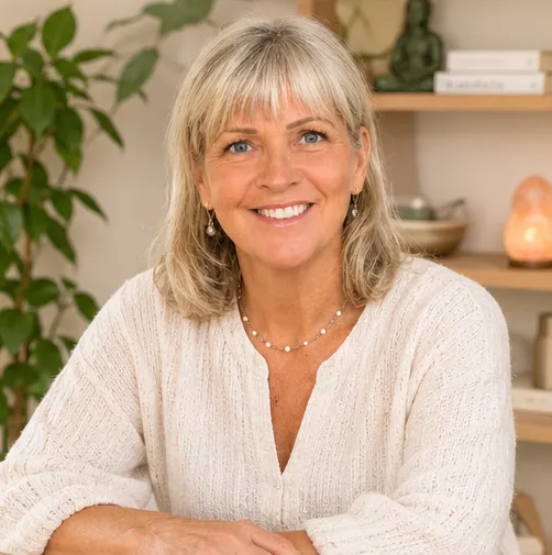 Sharon Cusack smiling at home, in a cream sweater