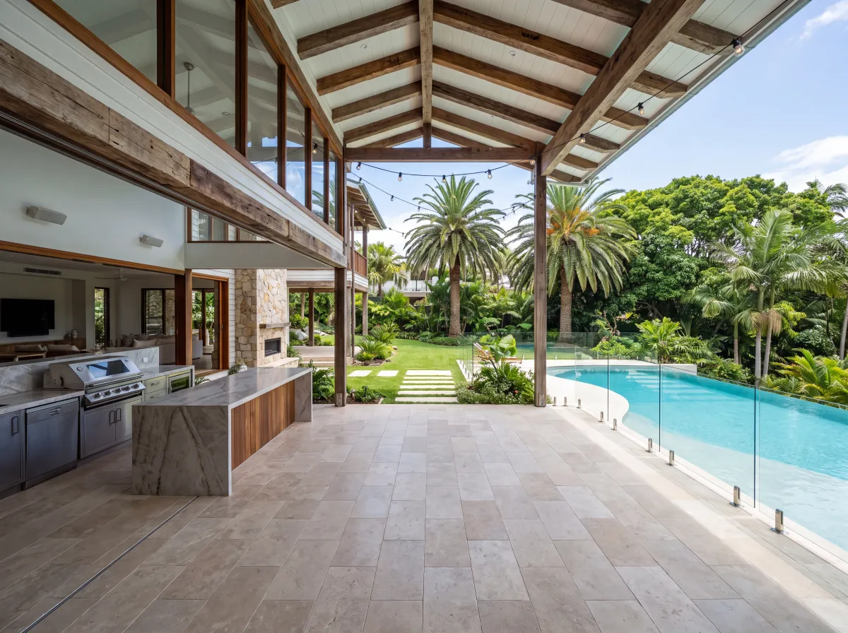 Outdoor kitchen and pool under timber pergola, Tropical Teuila outdoor living build