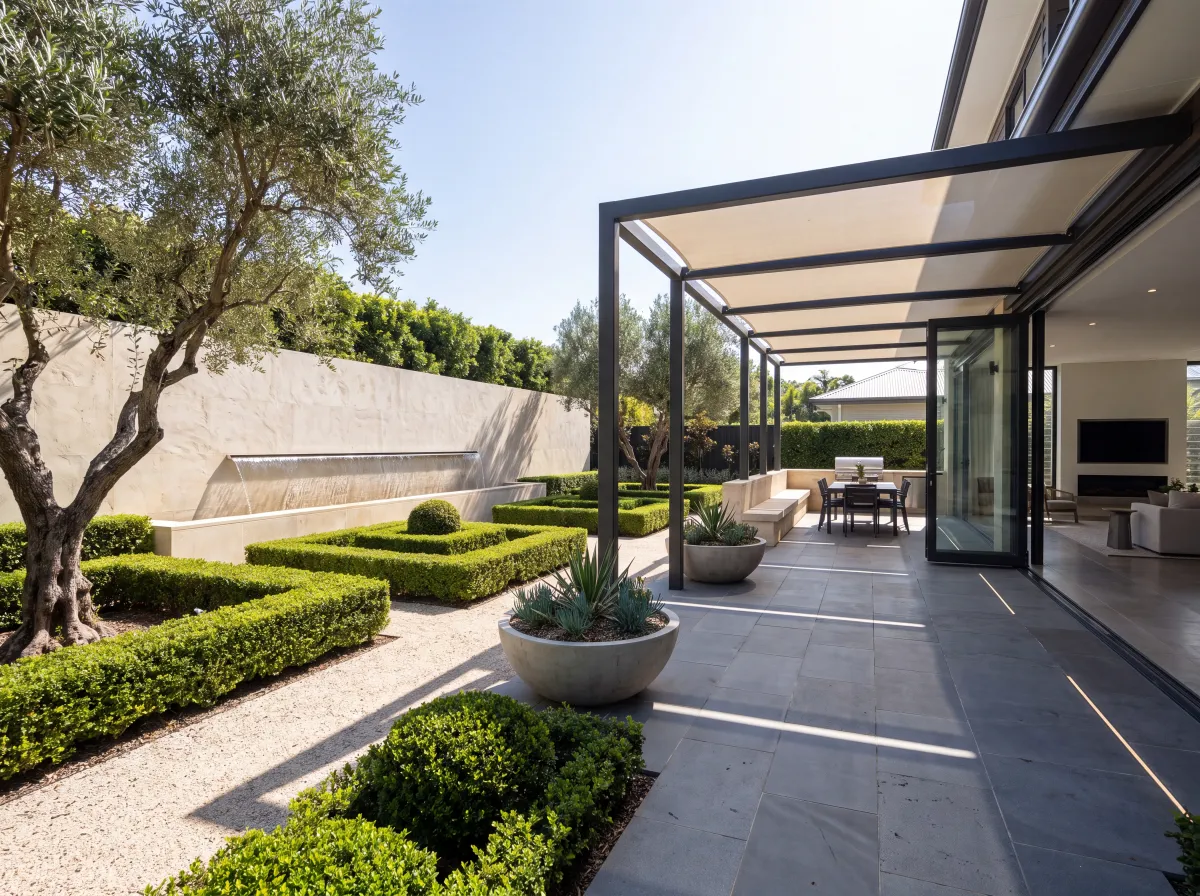 Landscaped courtyard with pergola and stone water feature, Tropical Teuila outdoor living design