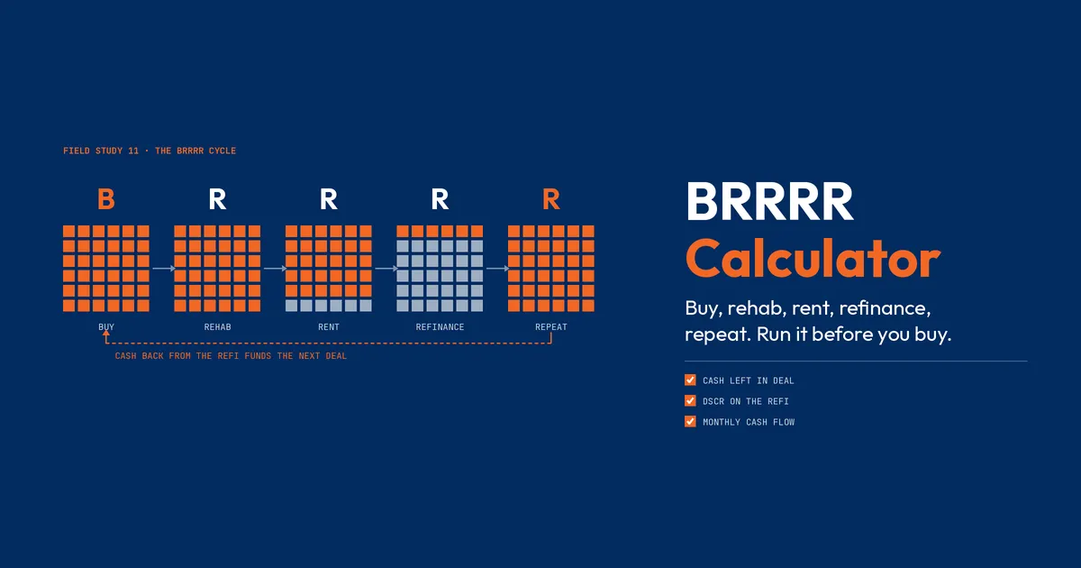 BRRRR calculator: buy, rehab, rent, refinance, repeat cycle where refinance cash back funds the next deal