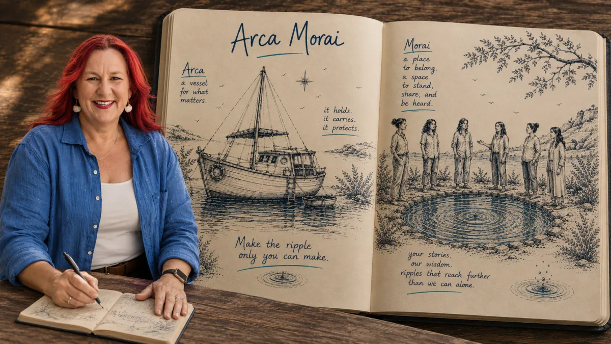 Jackie Campbell beside an illustrated notebook titled 'Arca Morai': a small sailing vessel on one page, a circle of women around a rippling pool on the other, representing the name's meaning of a vessel and a gathering place.