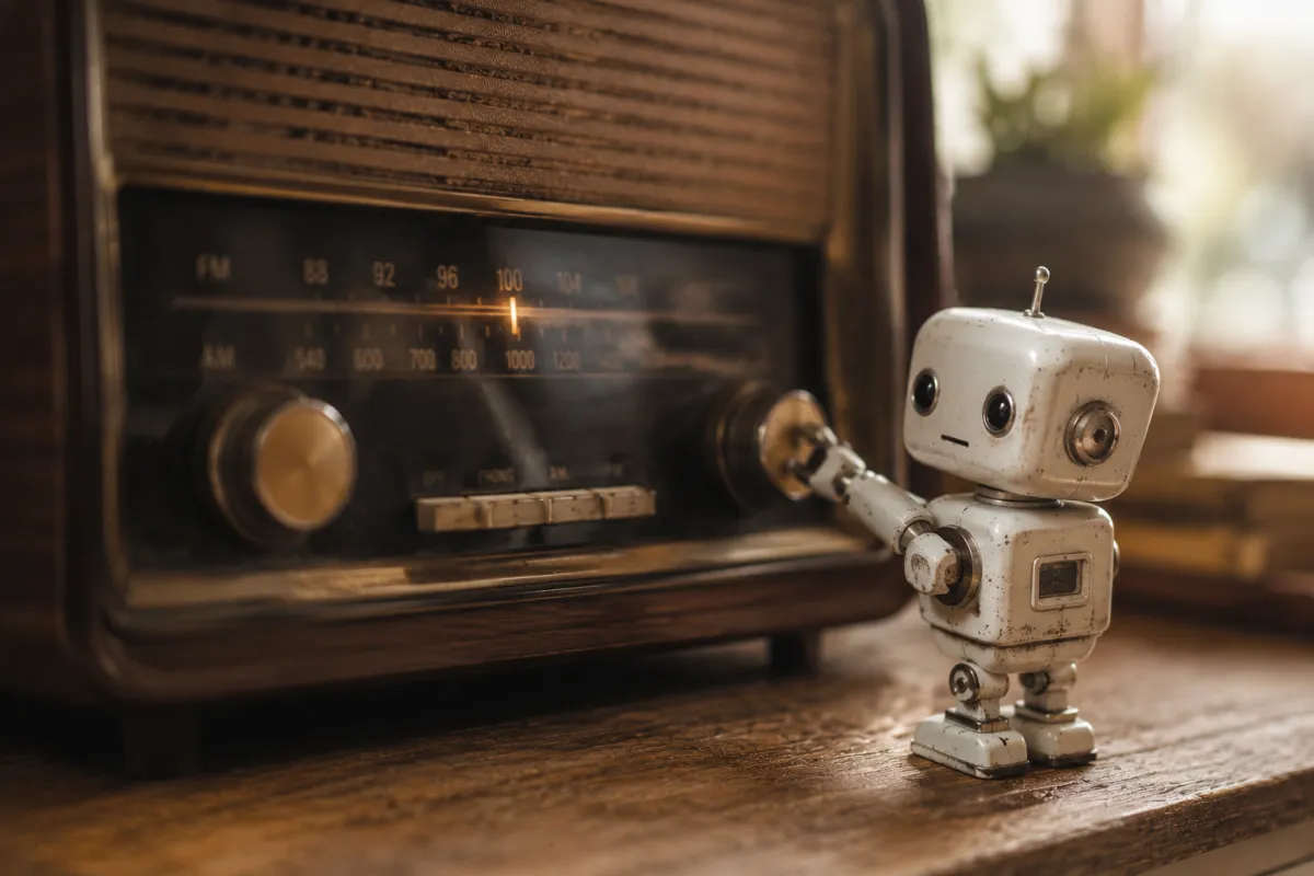 A small vintage-style robot reaches to turn the dial on an old wooden radio, searching for a clear signal amid the static.