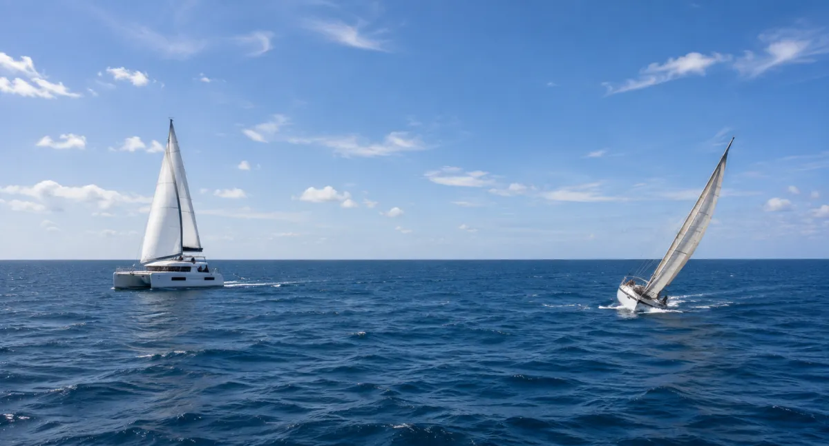 Two sailboats travel across the same open ocean under a bright blue sky. A catamaran sails upright and steadily on the left, while a monohull on the right heels sharply into the wind, showing a very different response to the same conditions.