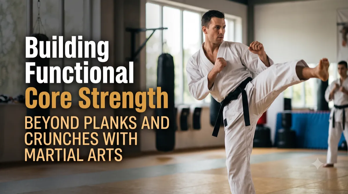 Martial arts student practicing a controlled kick to develop core strength, balance, and coordination.